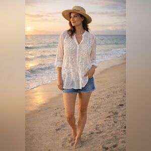 Johnny Was White Sheer Embroidered Tunic Top L Boho Resort Cover Up